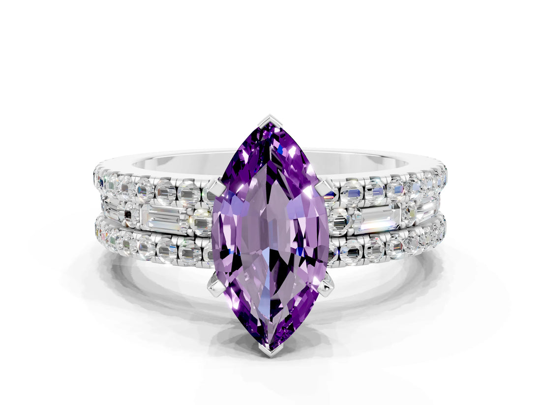 White gold Marquise Cut Amethyst Solitaire Ring with Pavé and Channel Set Band