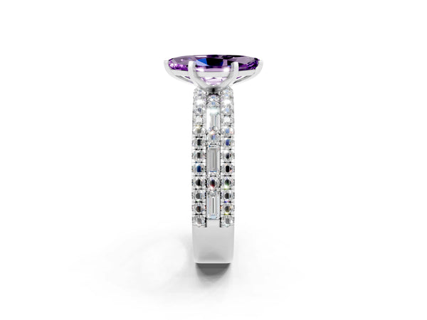 Silver Marquise Cut Amethyst Solitaire Ring with Pavé and Channel Set Band
