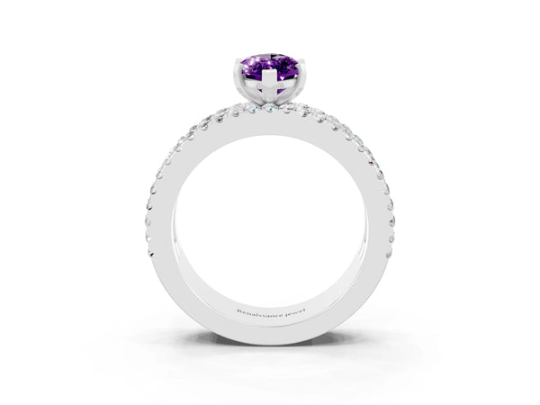 Silver Marquise Cut Amethyst Solitaire Ring with Pavé and Channel Set Band