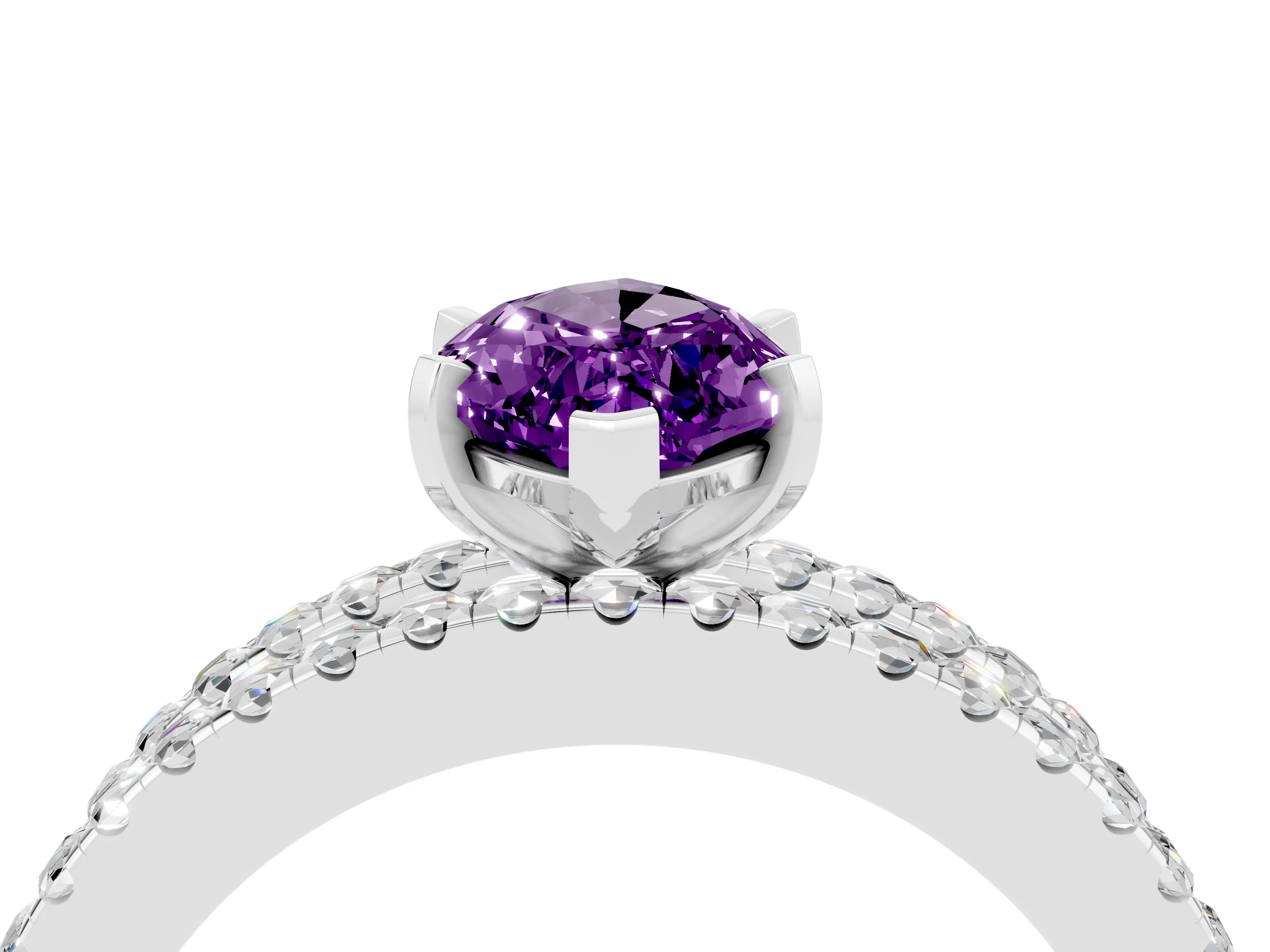 White gold Marquise Cut Amethyst Solitaire Ring with Pavé and Channel Set Band_4