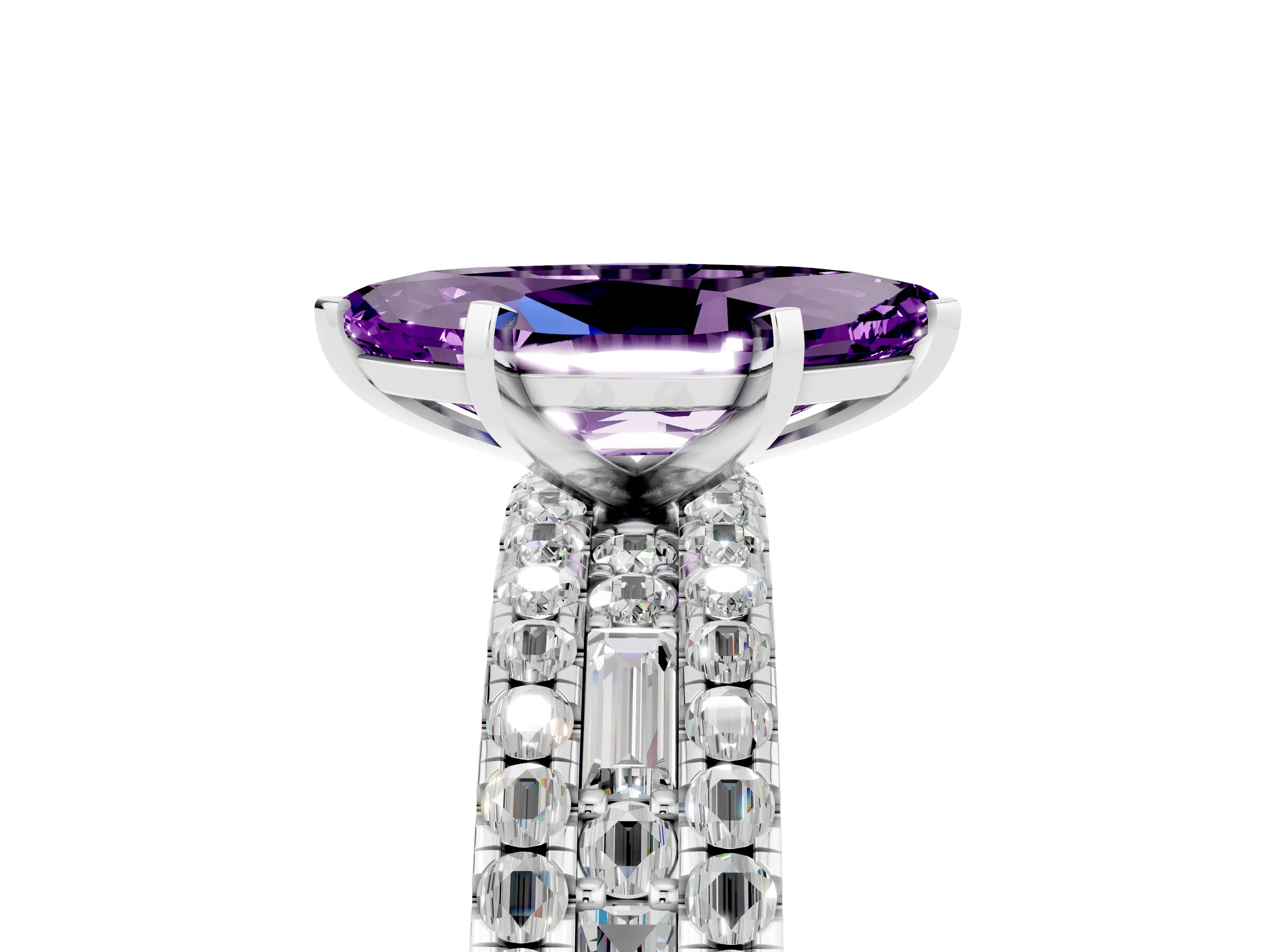 White gold Marquise Cut Amethyst Solitaire Ring with Pavé and Channel Set Band_5