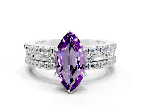 White gold Marquise Cut Amethyst Solitaire Ring with Pavé and Channel Set Band