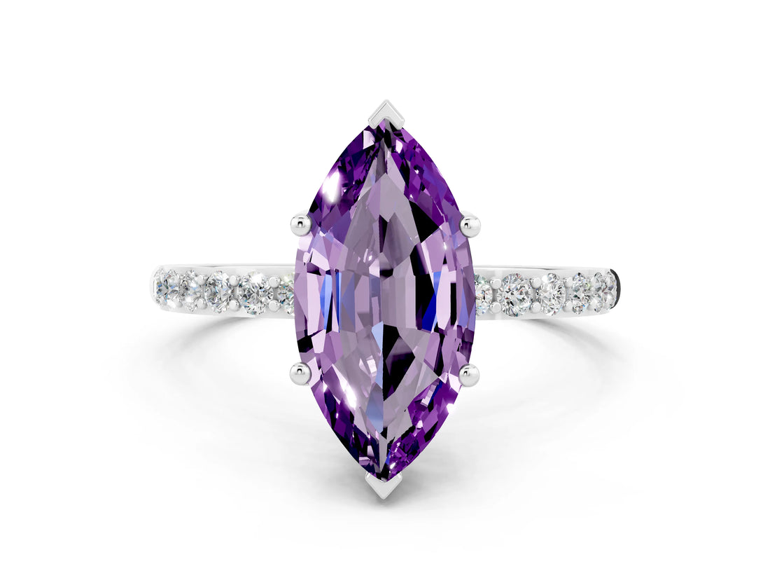 White gold Marquise Cut Amethyst Solitaire Ring with Pave Band and Four Prong Setting_24