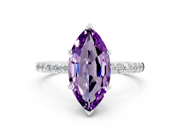 Silver Marquise Cut Amethyst Solitaire Ring with Round  Pavé Band and Prong Setting