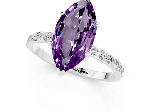 White gold Marquise Cut Amethyst Solitaire Ring with Pave Band and Four Prong Setting_25