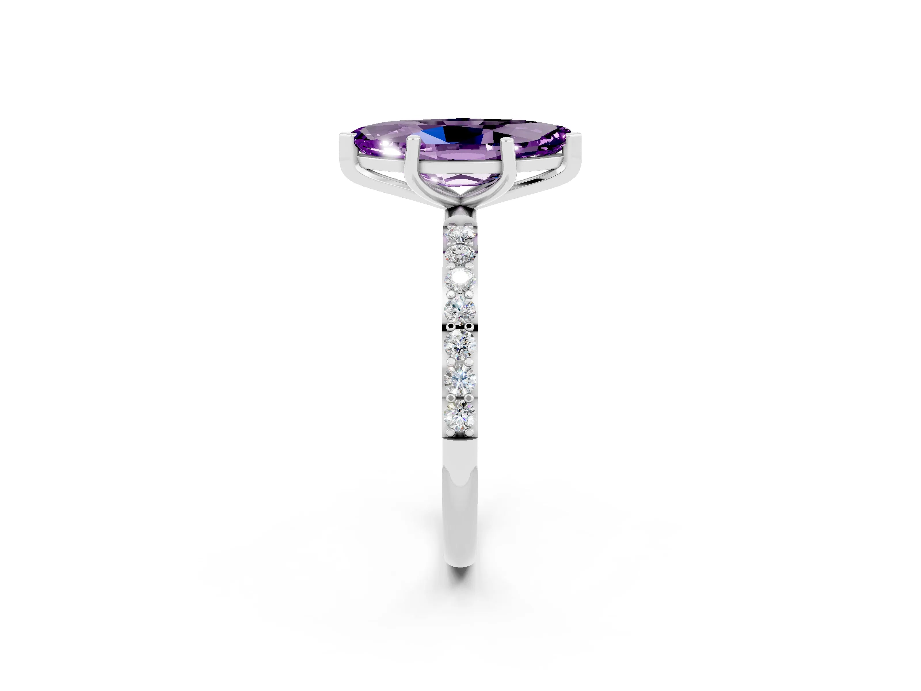 White gold Marquise Cut Amethyst Solitaire Ring with Pave Band and Four Prong Setting_26