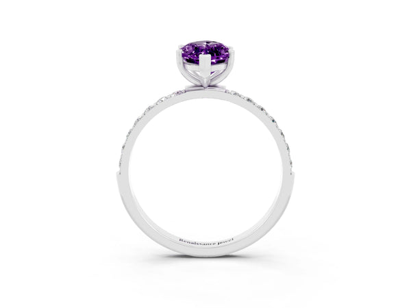 Silver Marquise Cut Amethyst Solitaire Ring with Round  Pavé Band and Prong Setting