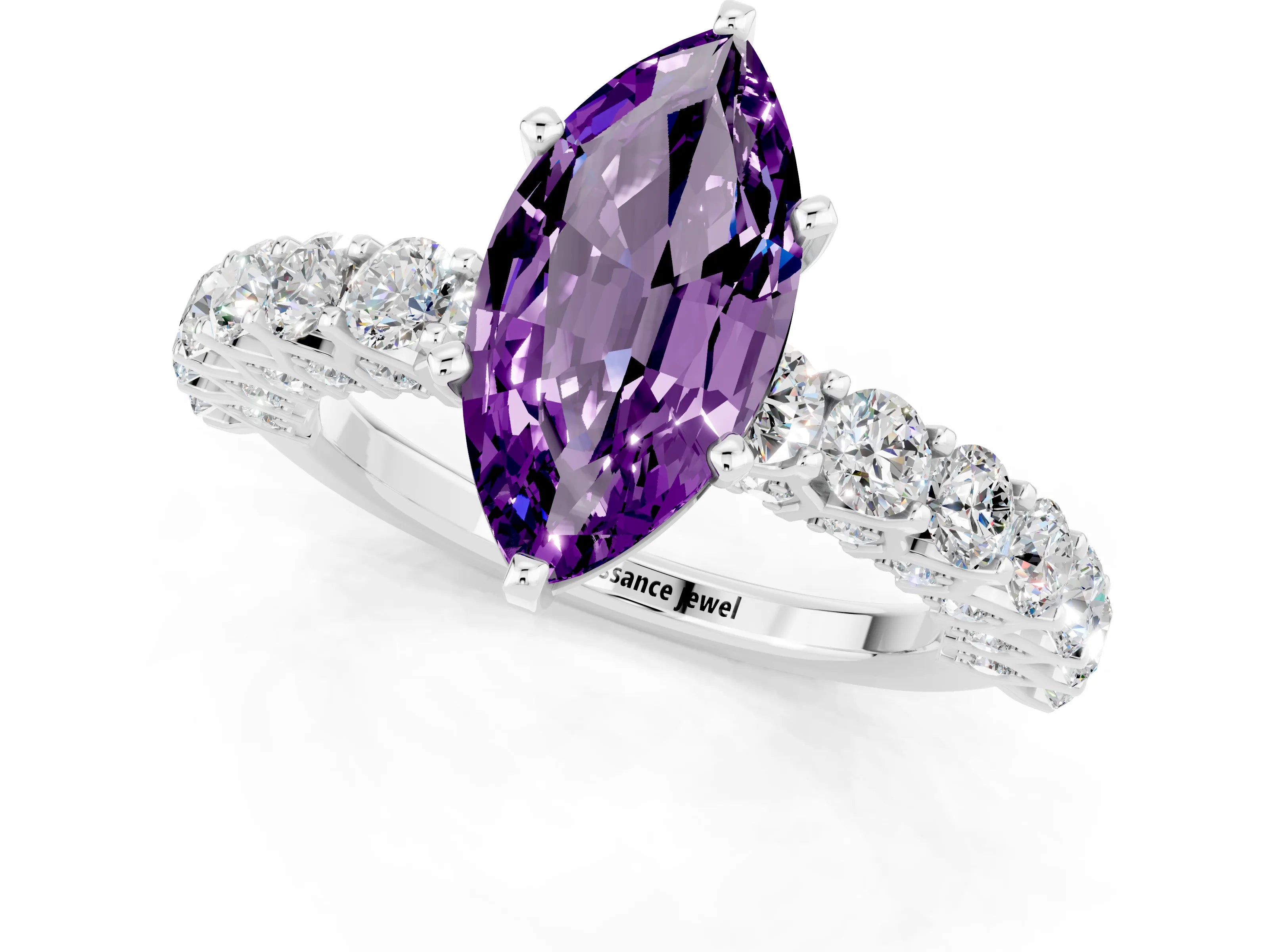 White gold Marquise Cut Amethyst Solitaire Ring with Shared Prong Pavé Band and Four-Prong Setting_1