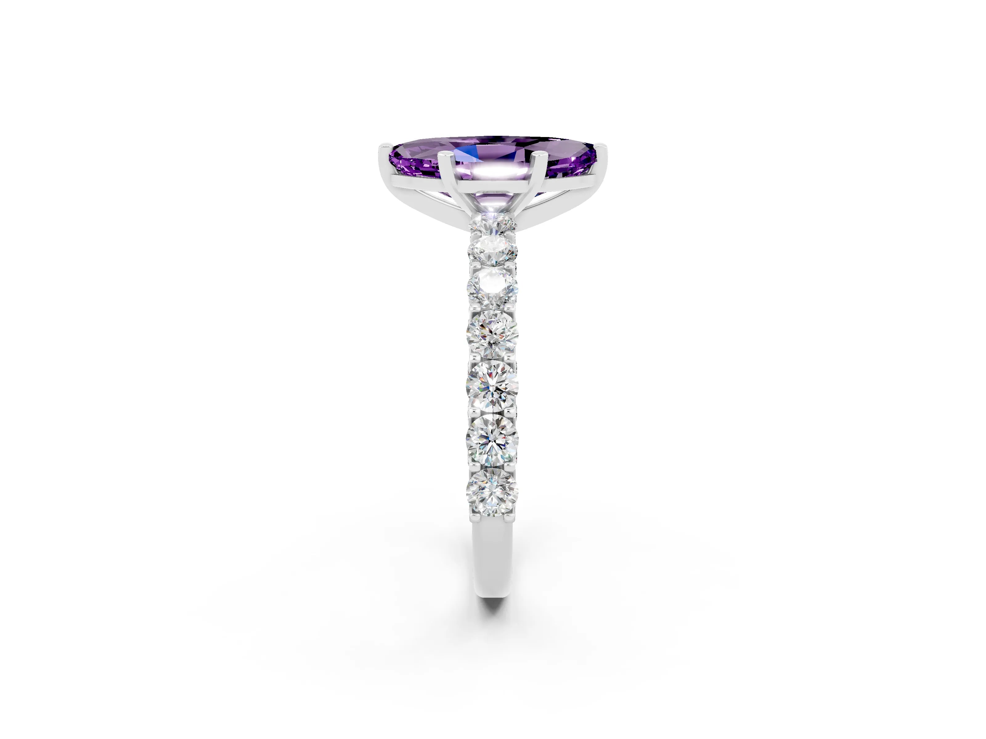 White gold Marquise Cut Amethyst Solitaire Ring with Shared Prong Pavé Band and Four-Prong Setting_2