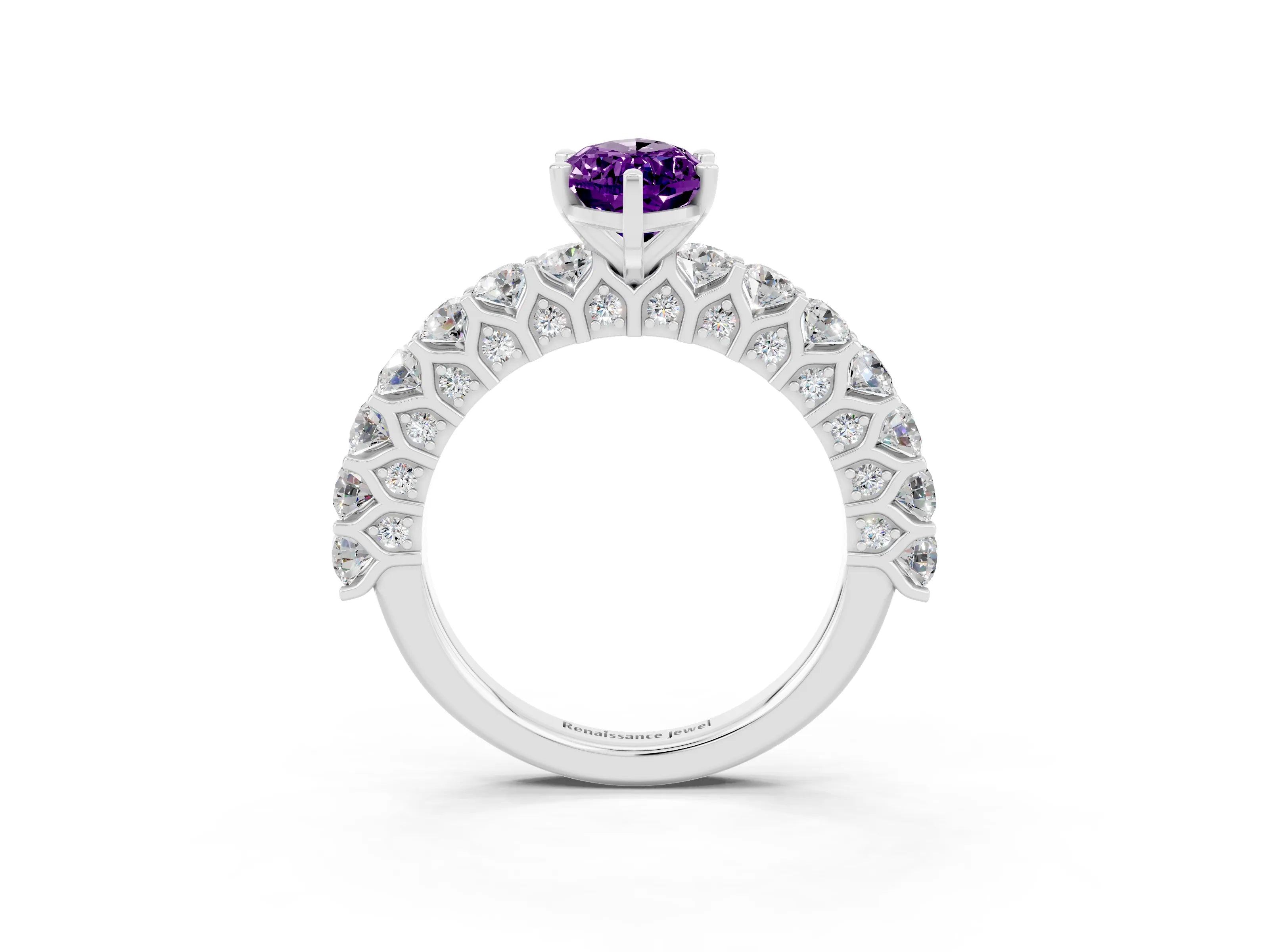White gold Marquise Cut Amethyst Solitaire Ring with Shared Prong Pavé Band and Four-Prong Setting_3
