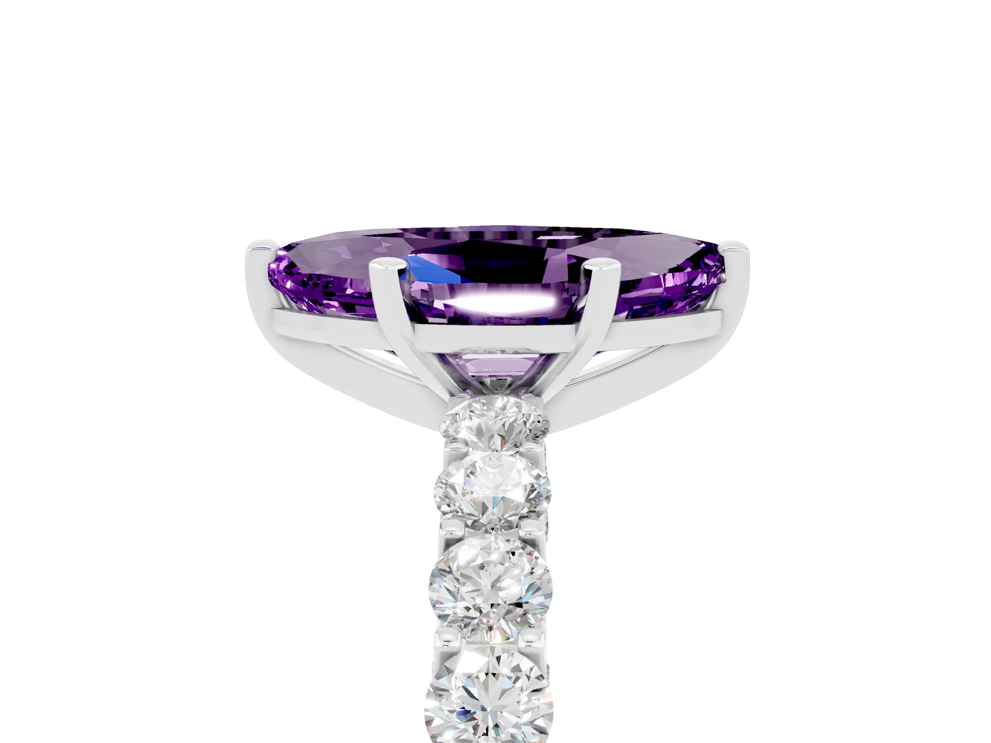 White gold Marquise Cut Amethyst Solitaire Ring with Shared Prong Pavé Band and Four-Prong Setting_5