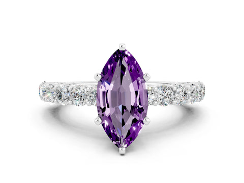 White gold Marquise Cut Amethyst Solitaire Ring with Shared Prong Pavé Band and Four-Prong Setting