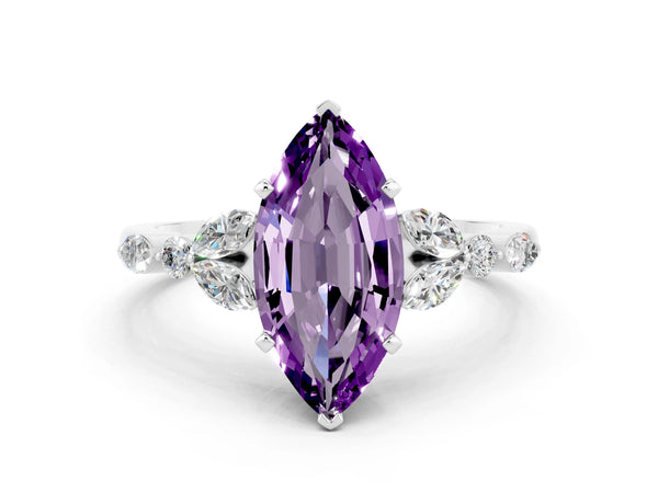 Platinum Marquise Cut Amethyst Solitaire Ring with Side Stones and Four-Prong Setting