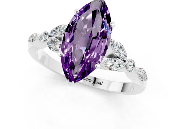 Platinum Marquise Cut Amethyst Solitaire Ring with Side Stones and Four-Prong Setting