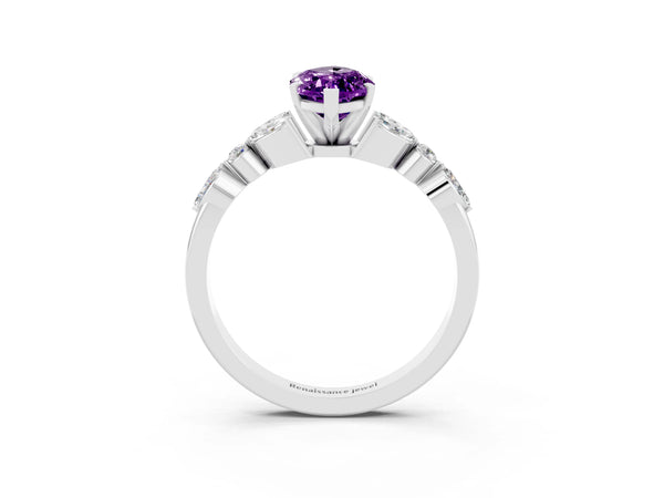 Silver Marquise Cut Amethyst Solitaire Ring with Side Stones and Four-Prong Setting