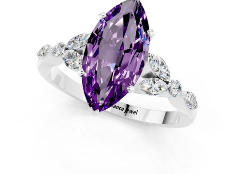 White gold Marquise Cut Amethyst Solitaire Ring with Side Stones and Four-Prong Setting_25