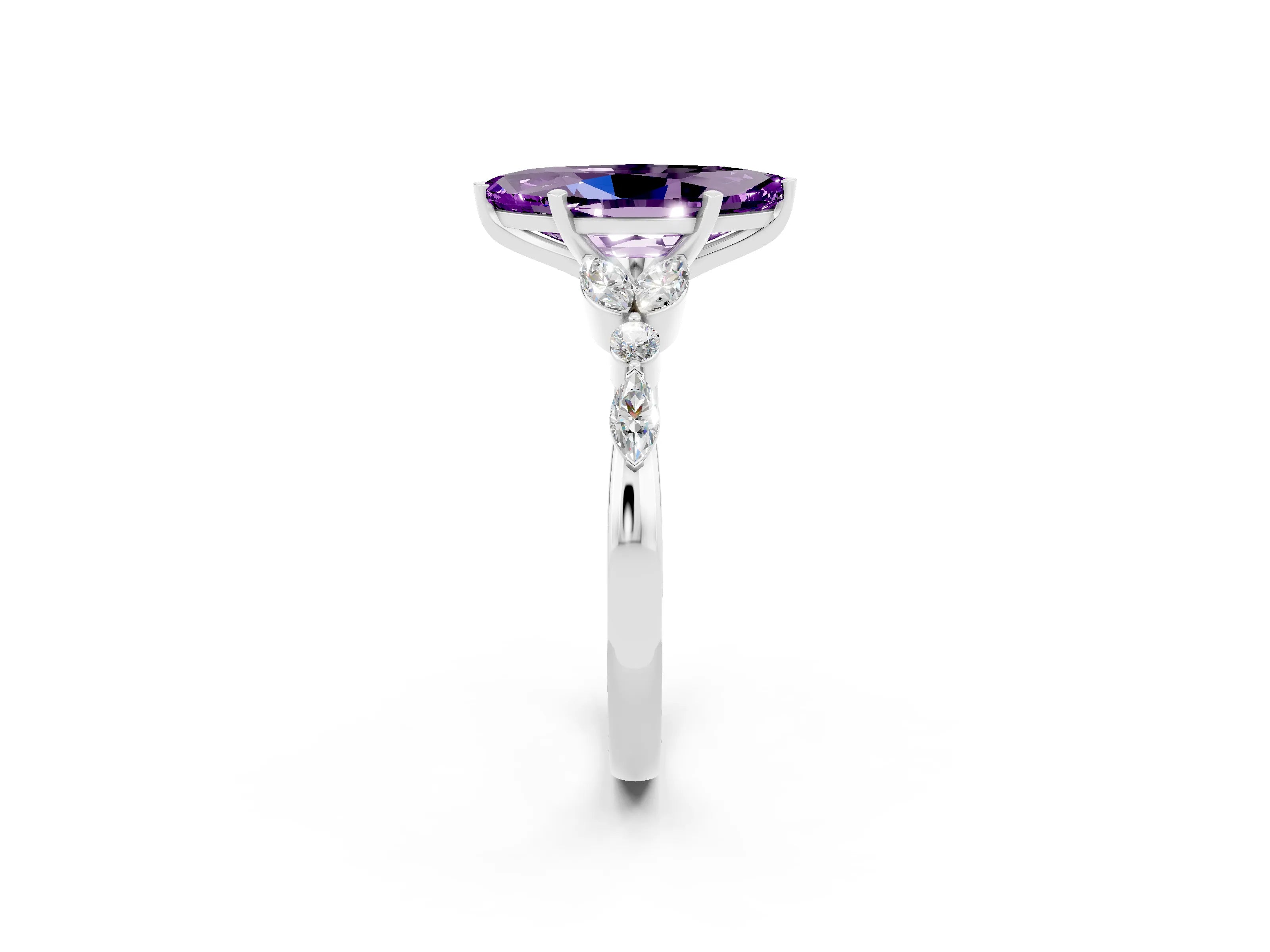 White gold Marquise Cut Amethyst Solitaire Ring with Side Stones and Four-Prong Setting_26