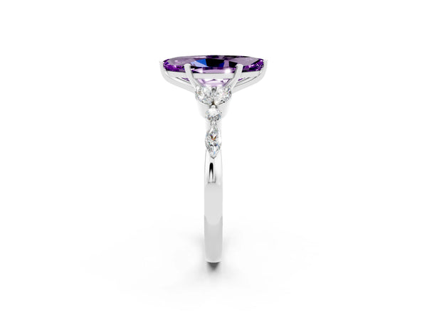 White gold Marquise Cut Amethyst Solitaire Ring with Side Stones and Four-Prong Setting