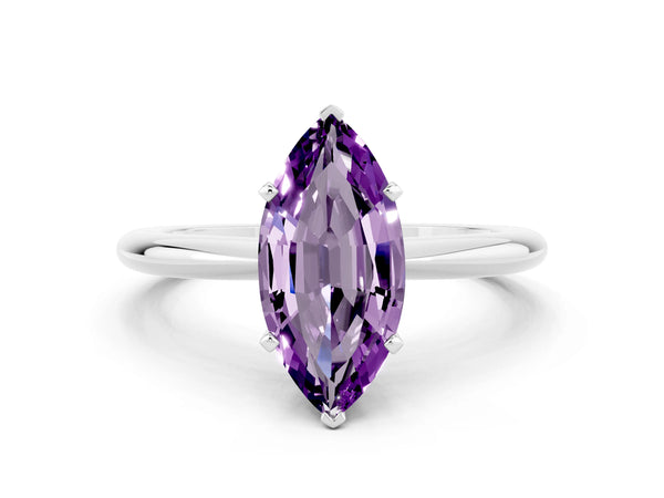 Platinum Marquise Cut Amethyst Solitaire Ring with Six-Prong Setting and Classic Band