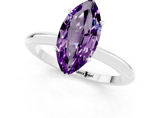 Platinum Marquise Cut Amethyst Solitaire Ring with Six-Prong Setting and Classic Band
