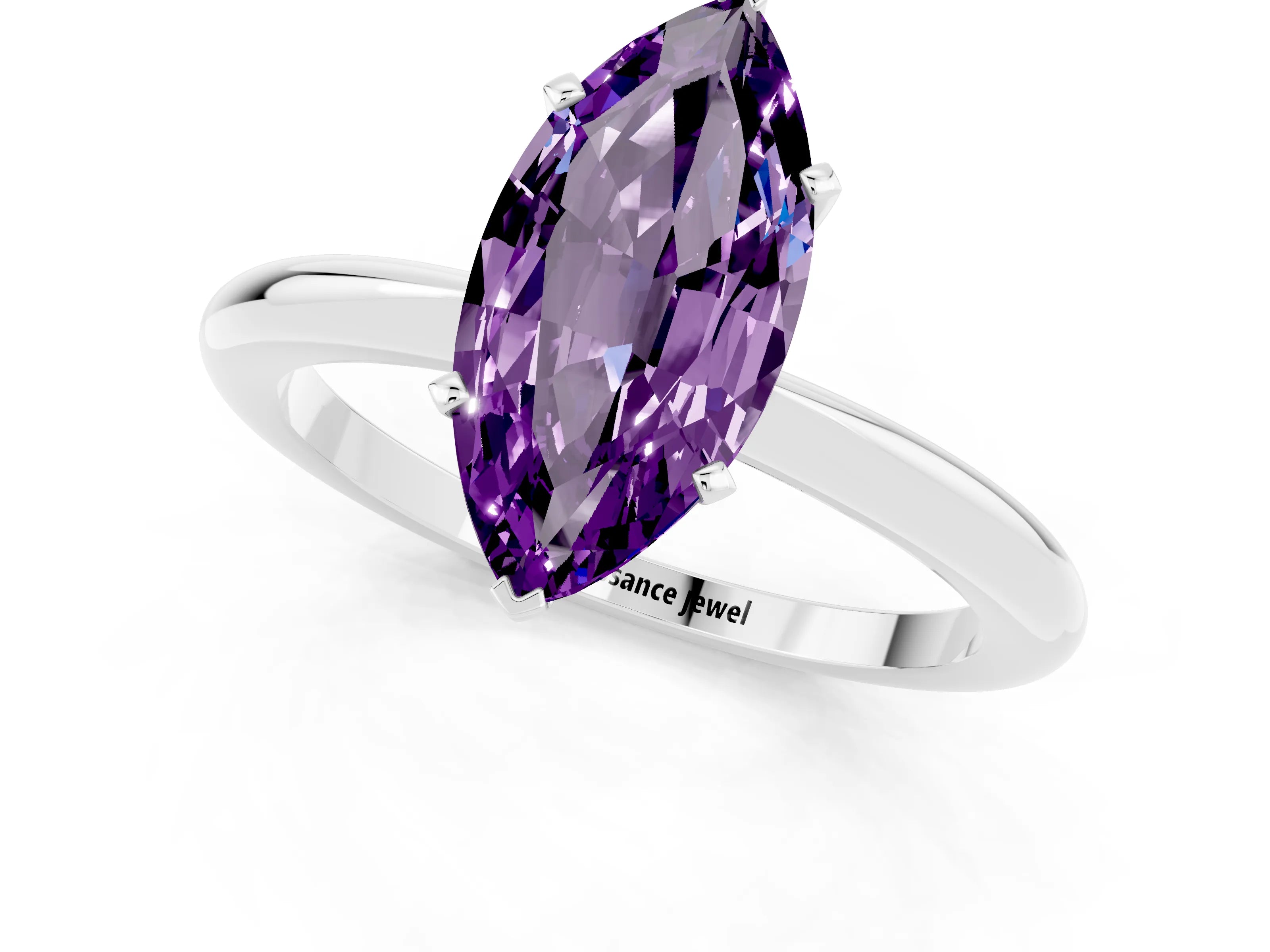 White gold Marquise Cut Amethyst Solitaire Ring with Six-Prong Setting and Classic Band_13