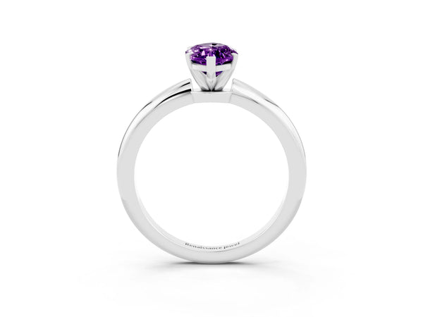 Platinum Marquise Cut Amethyst Solitaire Ring with Six-Prong Setting and Classic Band