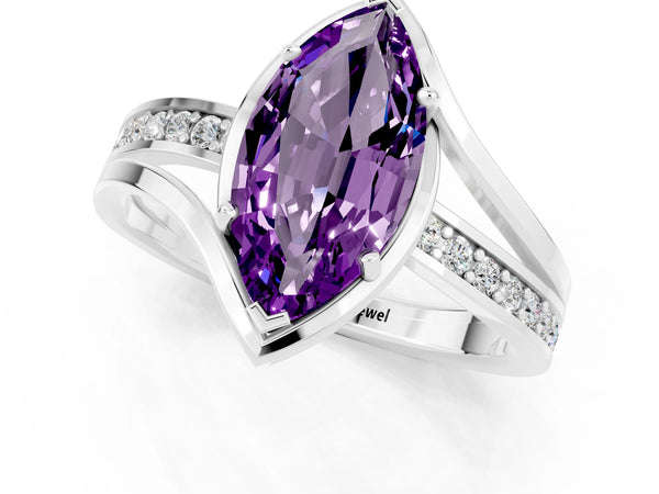 Silver Marquise Cut Amethyst Solitaire Ring with Split Shank and Prong Setting