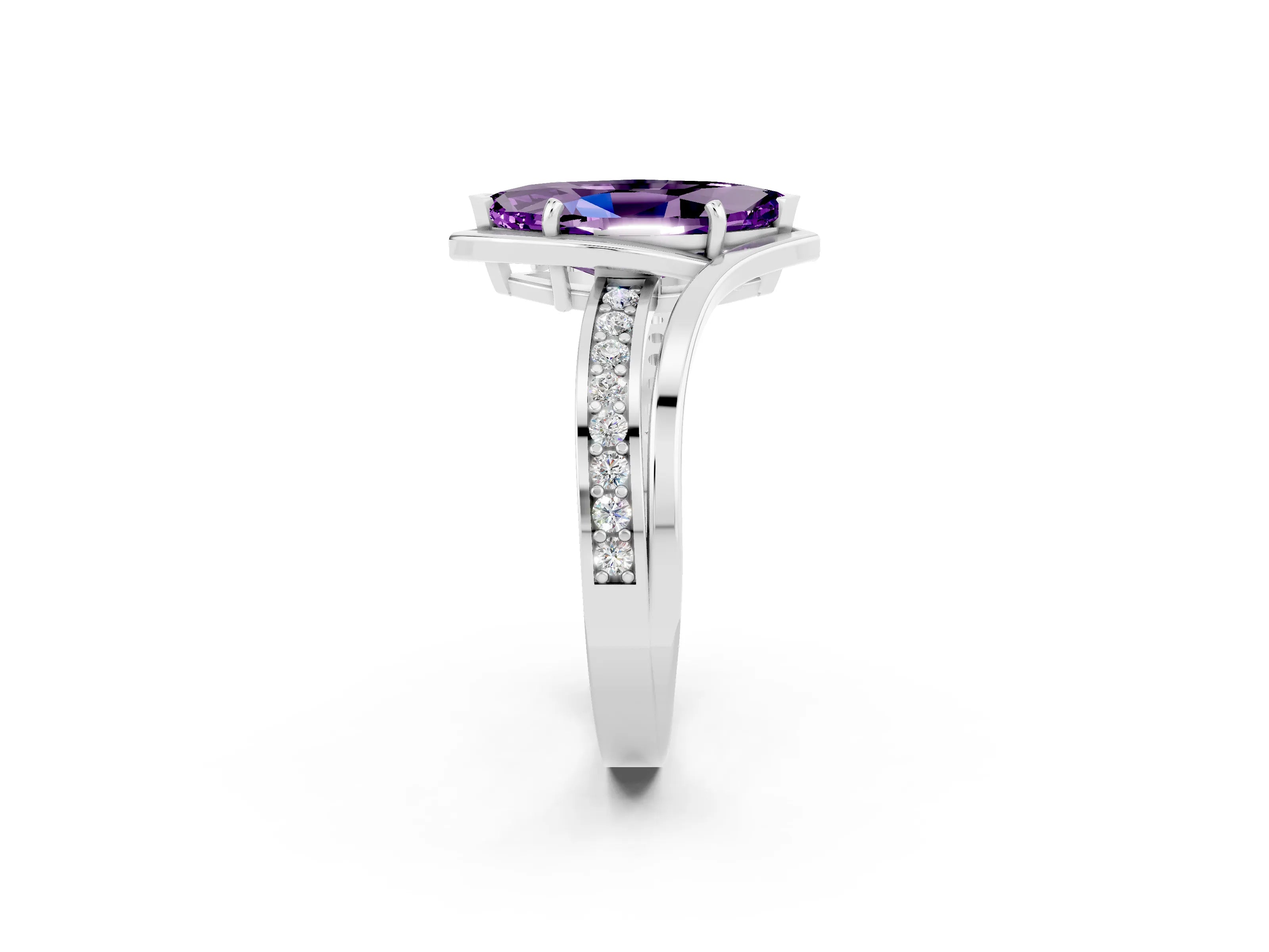 White gold Marquise Cut Amethyst Solitaire Ring with Split Shank and Prong Setting_2