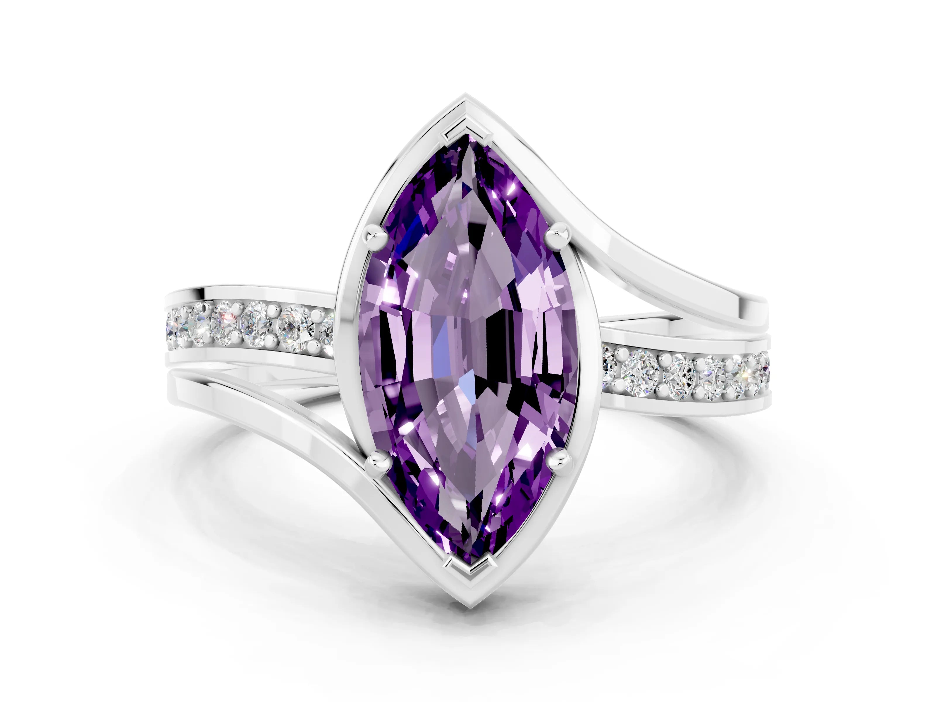 White gold Marquise Cut Amethyst Solitaire Ring with Split Shank and Prong Setting