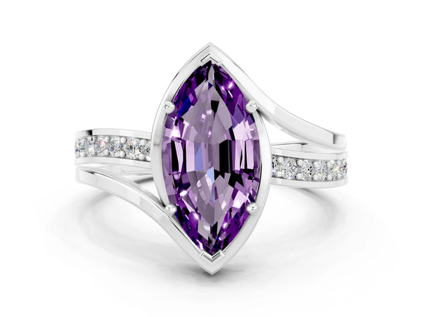 White gold Marquise Cut Amethyst Solitaire Ring with Split Shank and Prong Setting