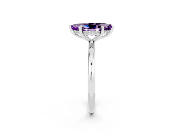 White gold Marquise Cut Amethyst Solitaire Ring with Thin Band and Four-Prong Setting
