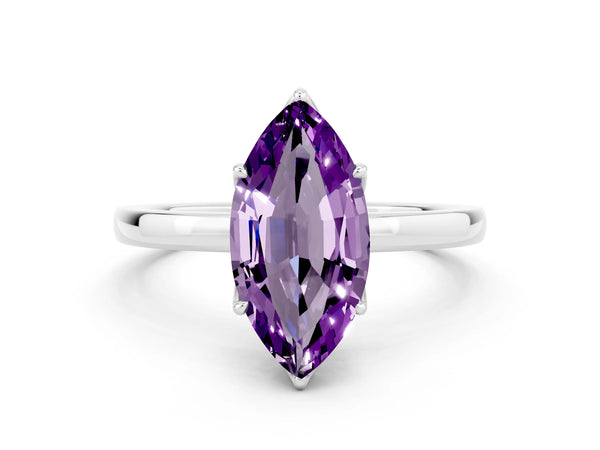 Platinum Marquise Cut Amethyst Solitaire Ring with Thin Band and Prong Setting
