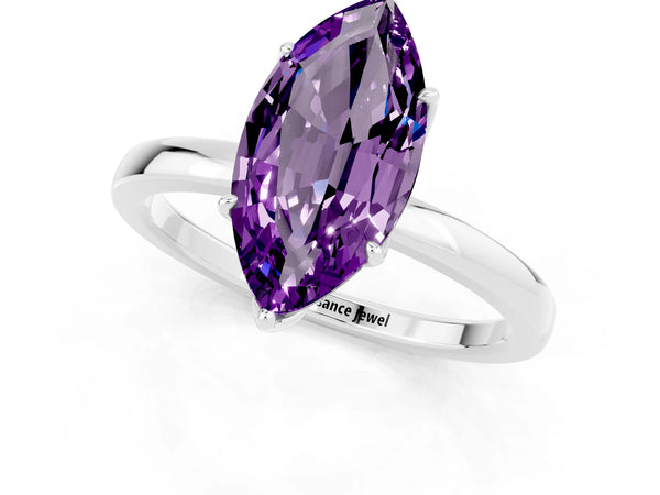 Platinum Marquise Cut Amethyst Solitaire Ring with Thin Band and Prong Setting