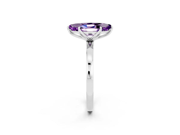 Platinum Marquise Cut Amethyst Solitaire Ring with Thin Band and Prong Setting