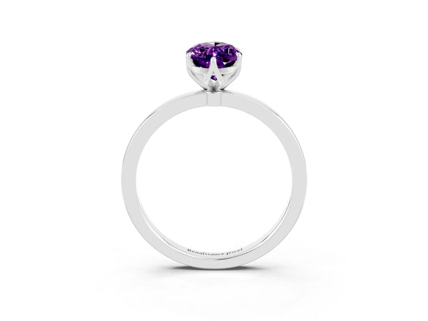 Platinum Marquise Cut Amethyst Solitaire Ring with Thin Band and Prong Setting