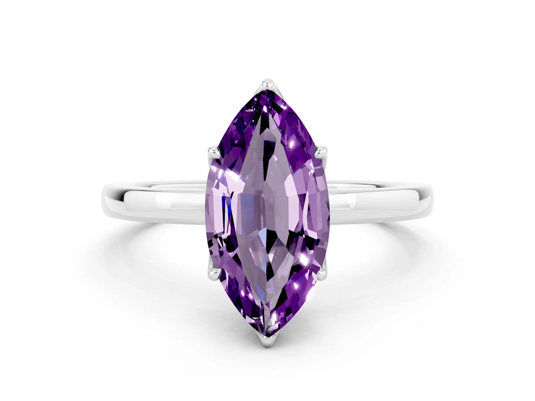 White gold Marquise Cut Amethyst Solitaire Ring with Thin Band and Prong Setting_36