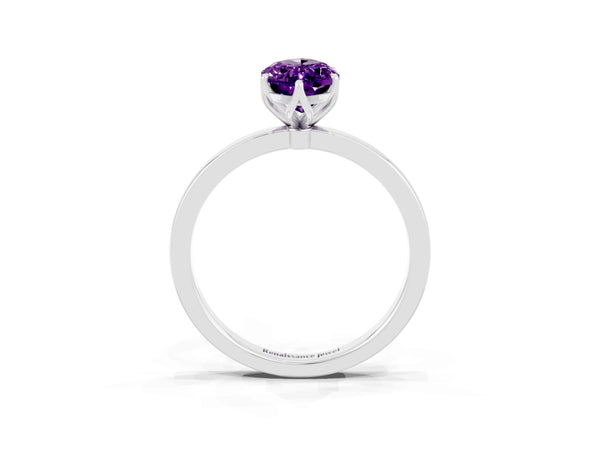 White gold Marquise Cut Amethyst Solitaire Ring with Thin Band and Prong Setting