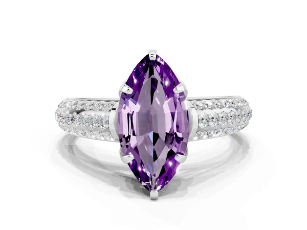 White gold Marquise Cut Amethyst Solitaire Ring with Three-Row Pavé Band and Four-Prong Setting