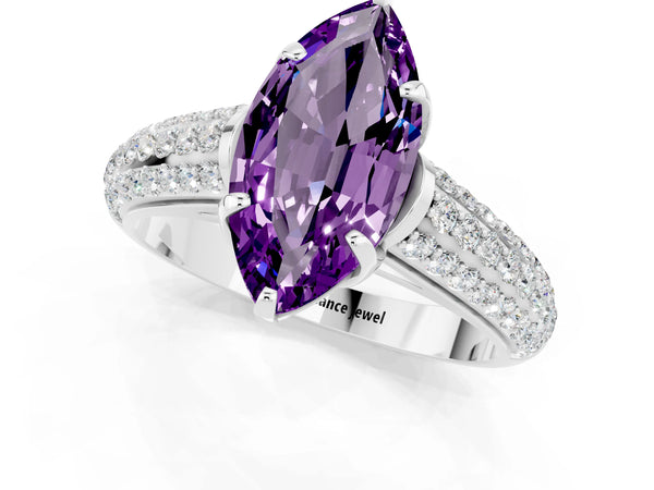 White gold Marquise Cut Amethyst Solitaire Ring with Three-Row Pavé Band and Four-Prong Setting