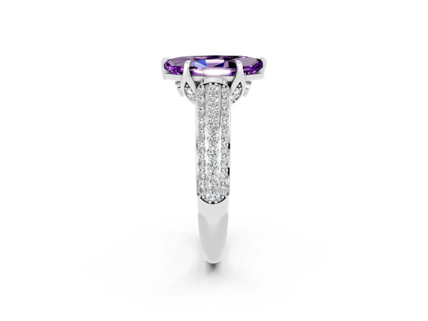 Platinum Marquise Cut Amethyst Solitaire Ring with Three-Row Pavé Band and Four-Prong Setting
