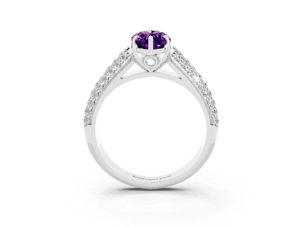 White gold Marquise Cut Amethyst Solitaire Ring with Three-Row Pavé Band and Four-Prong Setting