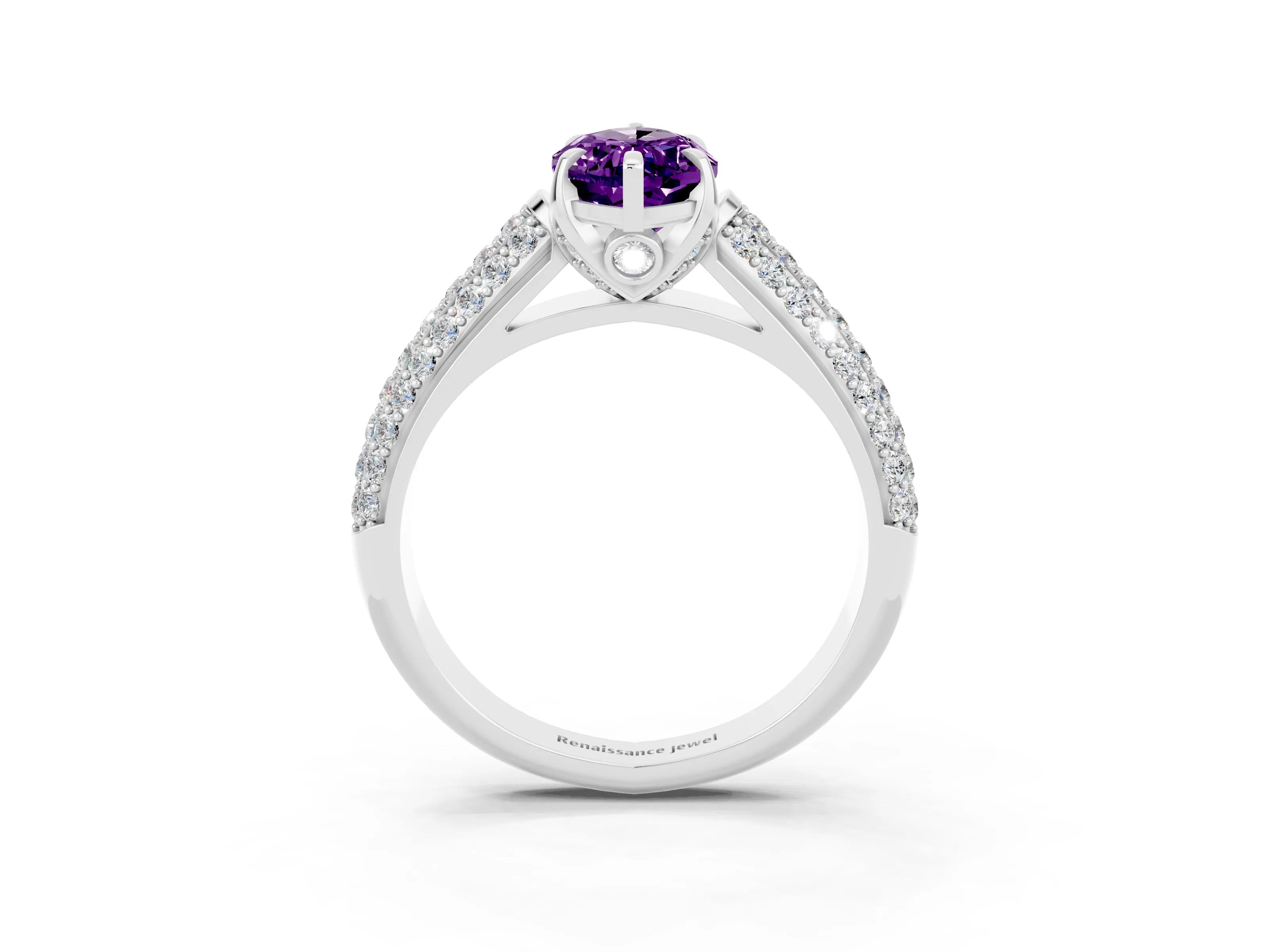 White gold Marquise Cut Amethyst Solitaire Ring with Three-Row Pavé Band and Four-Prong Setting_15