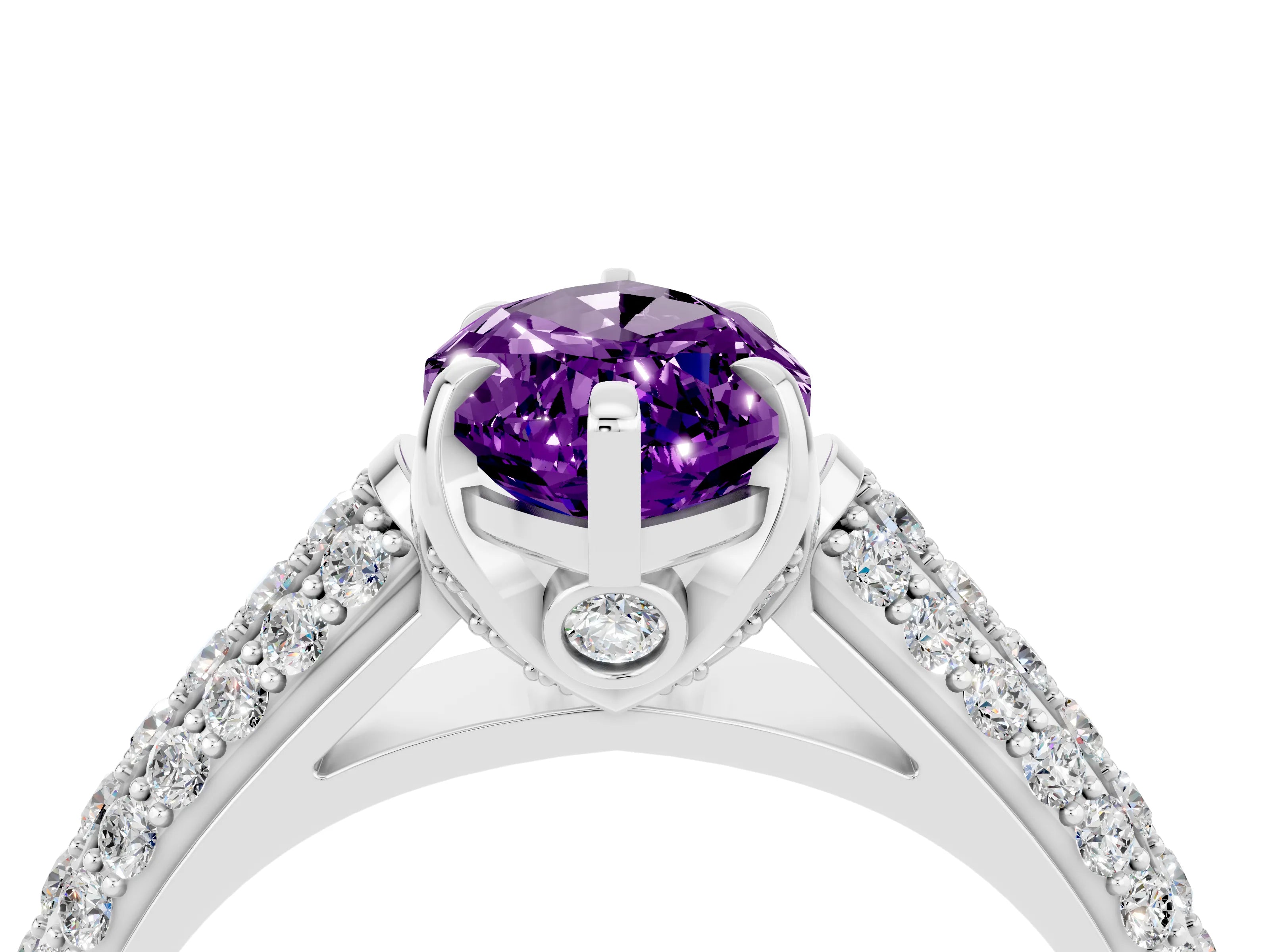 White gold Marquise Cut Amethyst Solitaire Ring with Three-Row Pavé Band and Four-Prong Setting_16