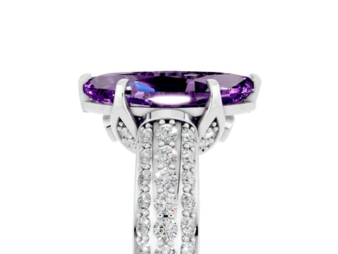 White gold Marquise Cut Amethyst Solitaire Ring with Three-Row Pavé Band and Four-Prong Setting_17