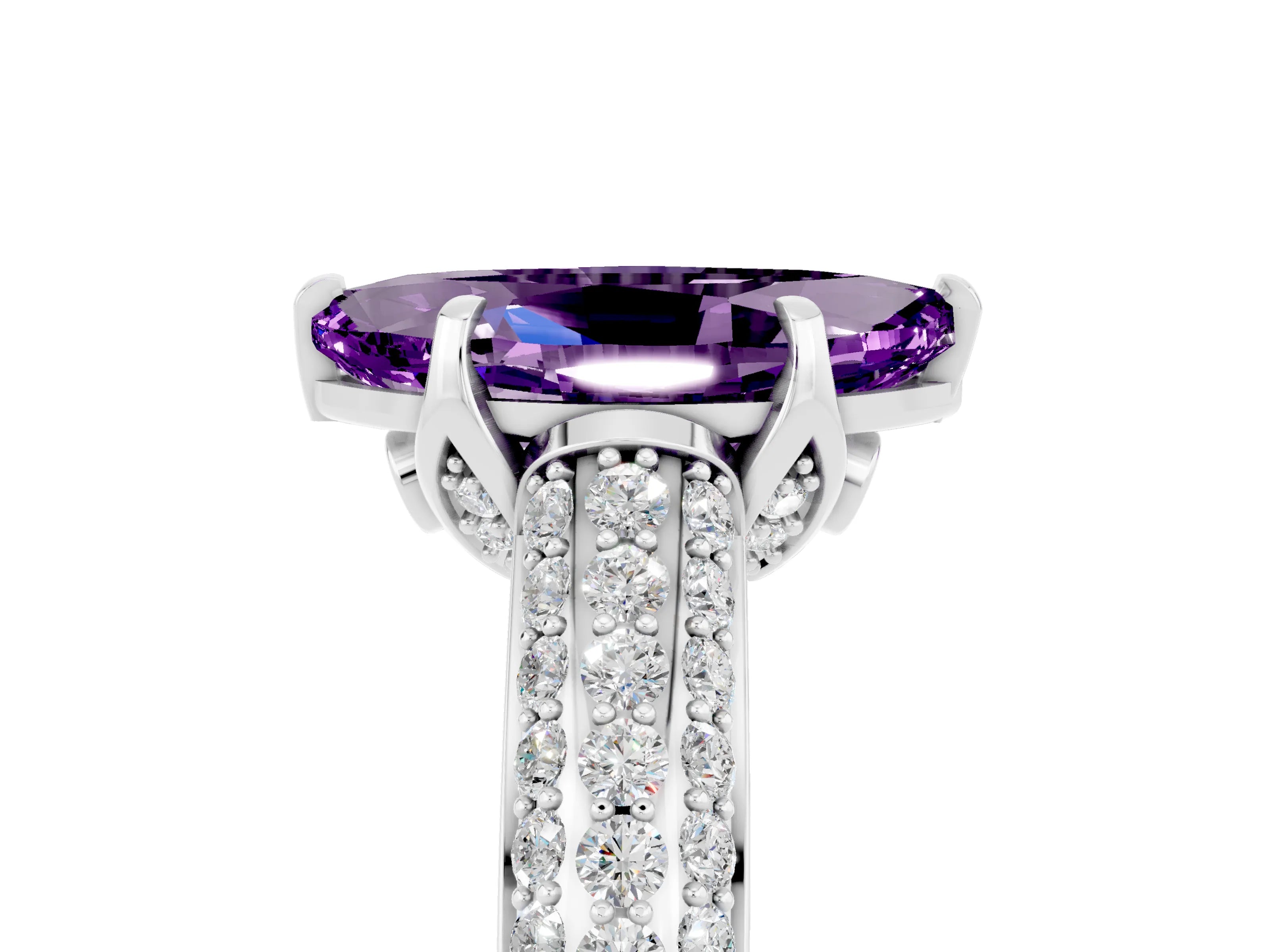 White gold Marquise Cut Amethyst Solitaire Ring with Three-Row Pavé Band and Four-Prong Setting_17