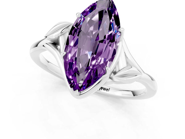 Platinum Marquise Cut Amethyst Solitaire Ring with Twist Band and Four-Prong Setting