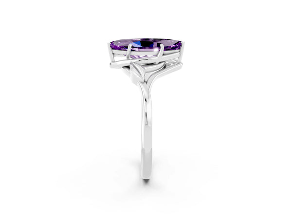 Platinum Marquise Cut Amethyst Solitaire Ring with Twist Band and Four-Prong Setting