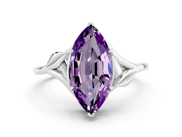 White gold Marquise Cut Amethyst Solitaire Ring with Twist Band and Four-Prong Setting