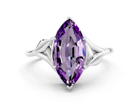 White gold Marquise Cut Amethyst Solitaire Ring with Twist Band and Four-Prong Setting_36