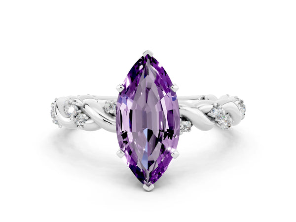 Platinum Marquise Cut Amethyst Solitaire Ring with Twisted Band and Pavé Accents